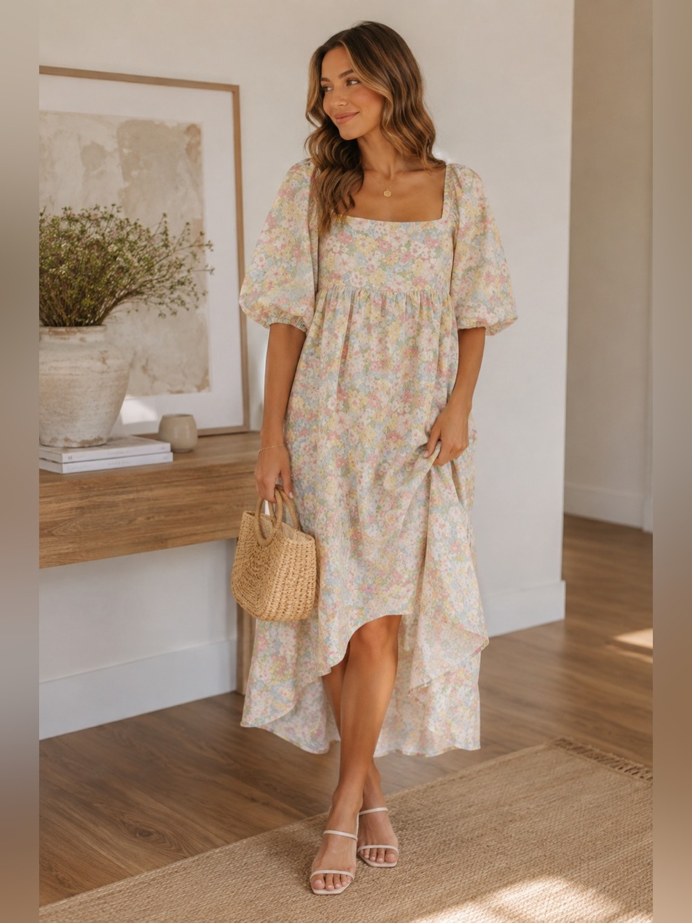 Joe Fresh Pastel Floral High-Low Puff Sleeve Dress